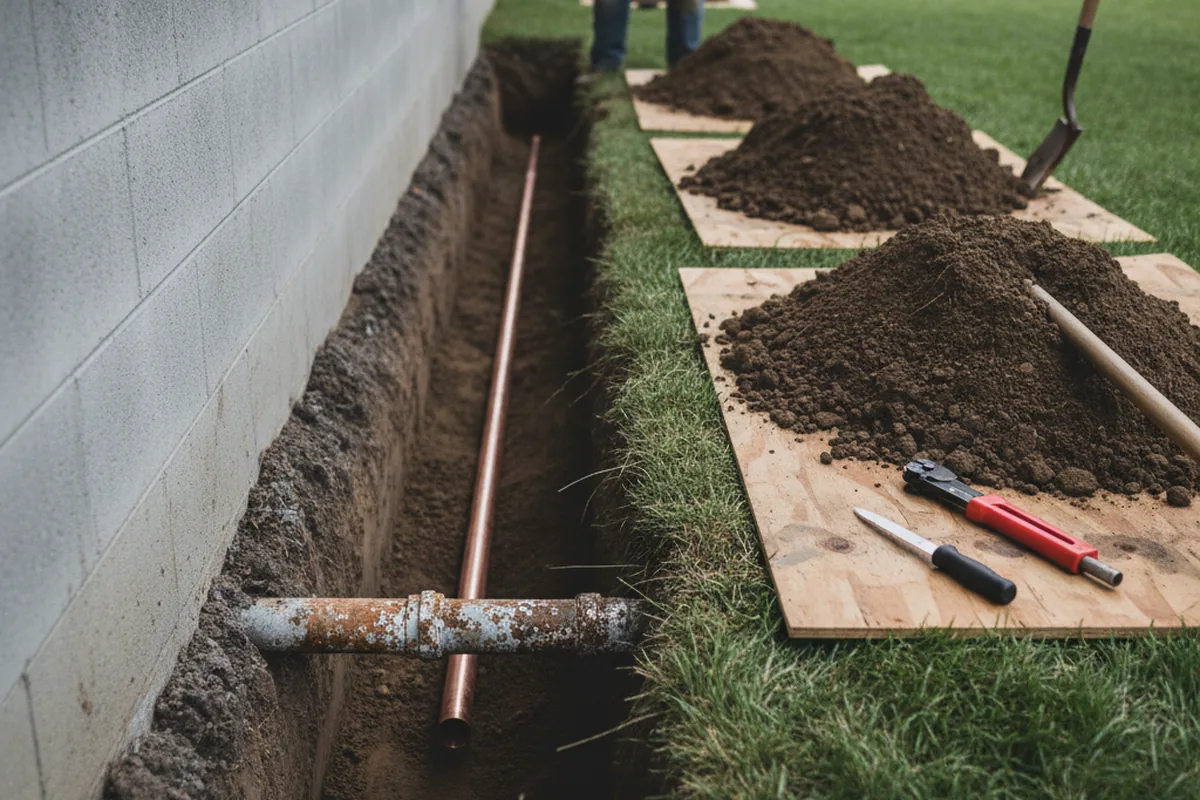 Excavated water line trench during Water Softener Installation in Leeds